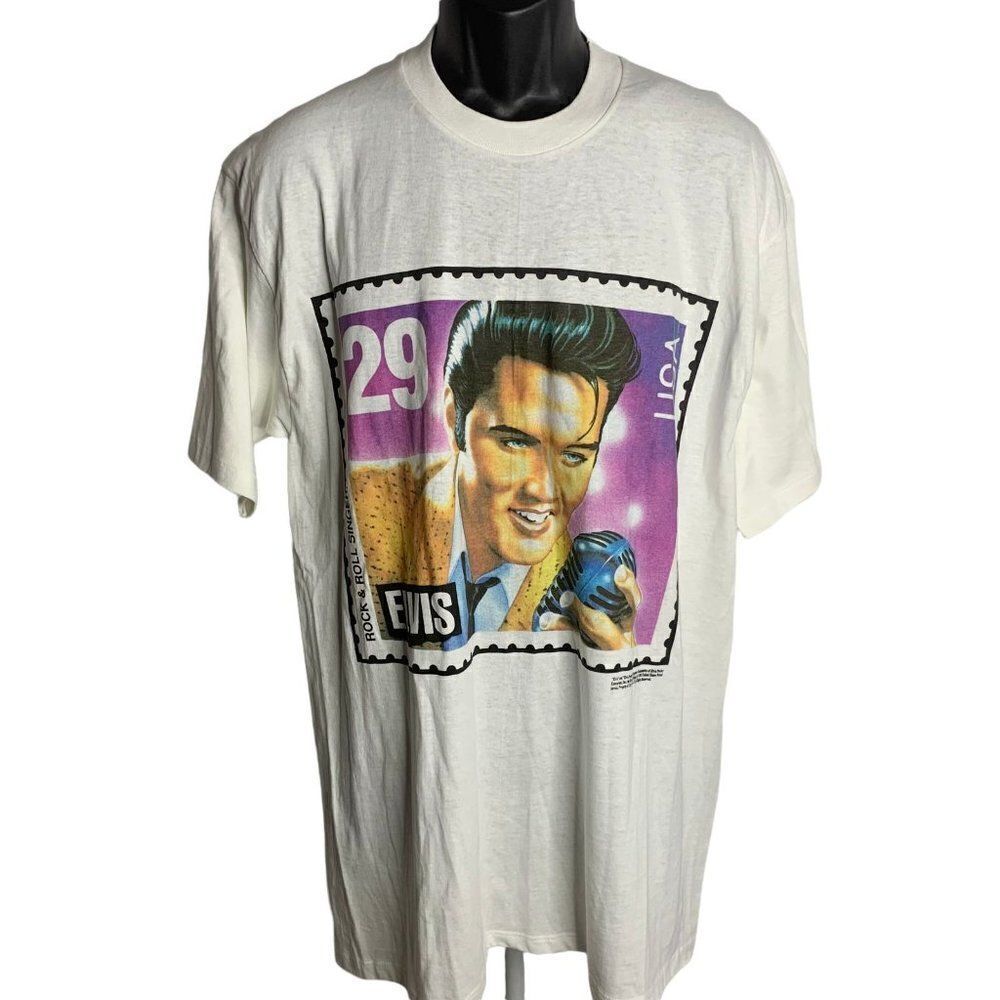 Vintage 90s Elvis Stamp Crewneck T Shirt XL White Single Stitch Short Sleeves